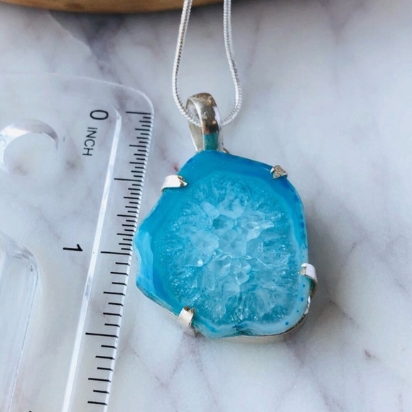 Silver Plated Blue Agate Slice Statement Boho Necklace - Picture 9 of 10